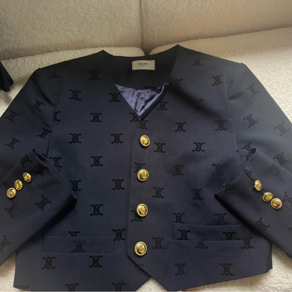 Celine Navy Monogram Jacket w/ matching pleated skirt